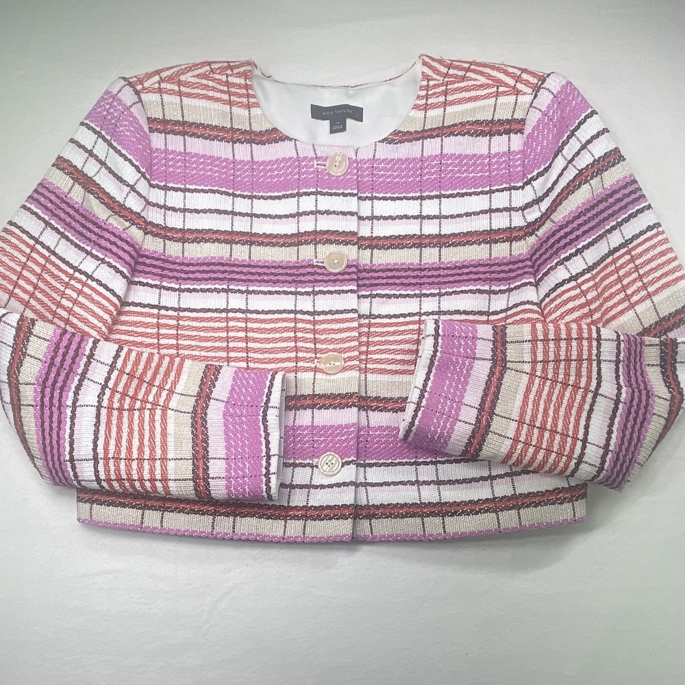 Ann Taylor Women's Tweed Plaid Button Front Lined Cropped Jacket Long Sz 10